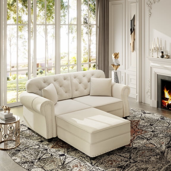 Alvantor 63" Loveseat sofa with Ottman, Upholstered Velvet Couch with Nailhead Trim and Rolled Armrests, Mid-Century Modern Sofa for Living Room Beige
