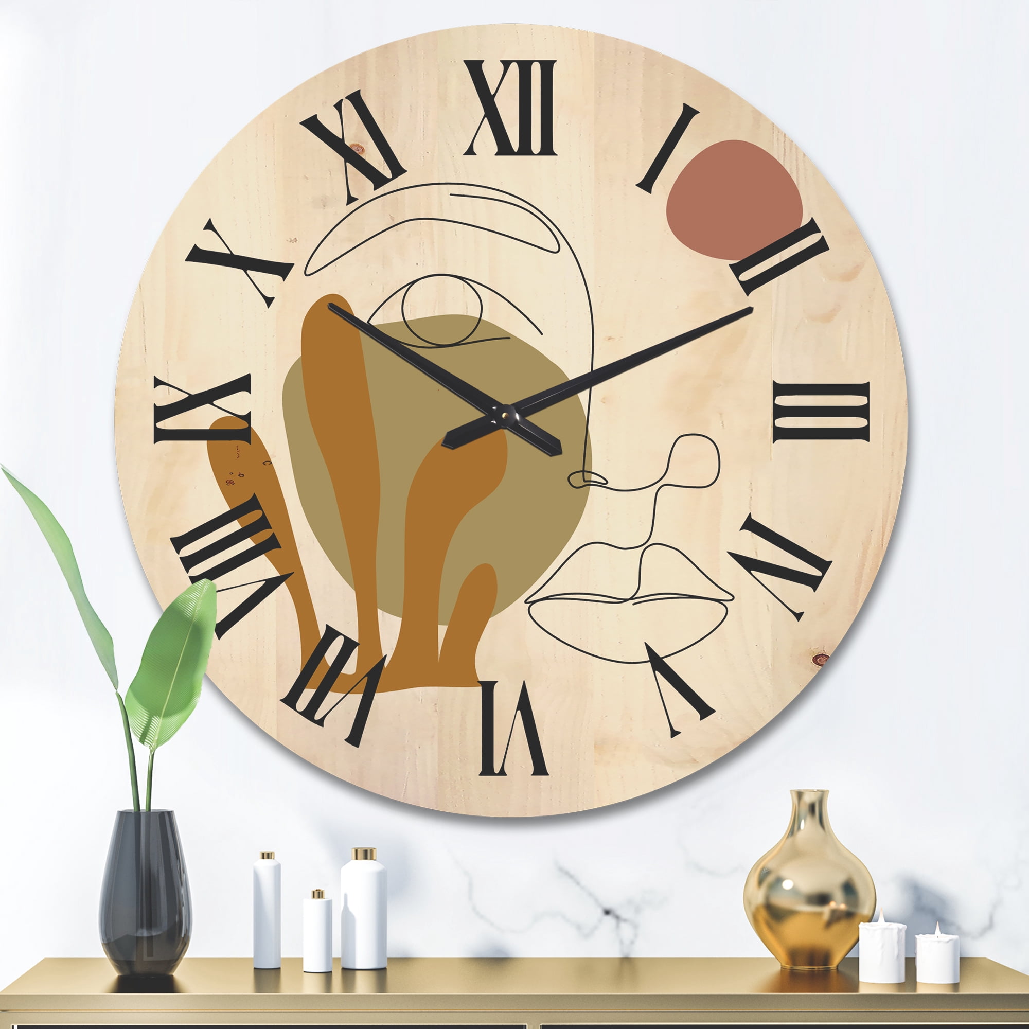 Designart 'One Line Art Portrait of Female In Terracotta Tones' Modern Wood Wall Clock