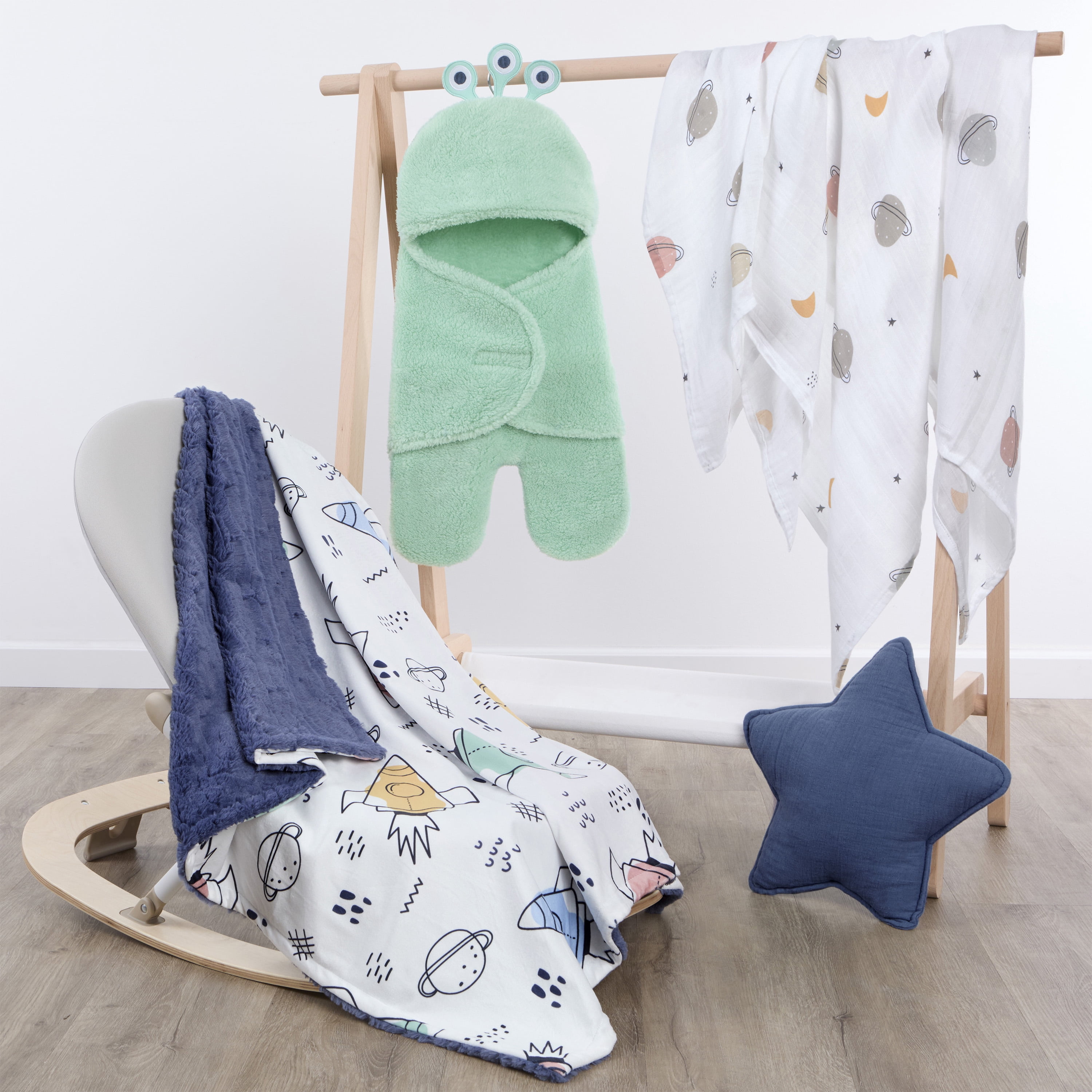 Evolur AstroNap 3 pc Gift Set - Sherpa Sack Wrap, Muslin Wrap & Velour Blanket, Space Print