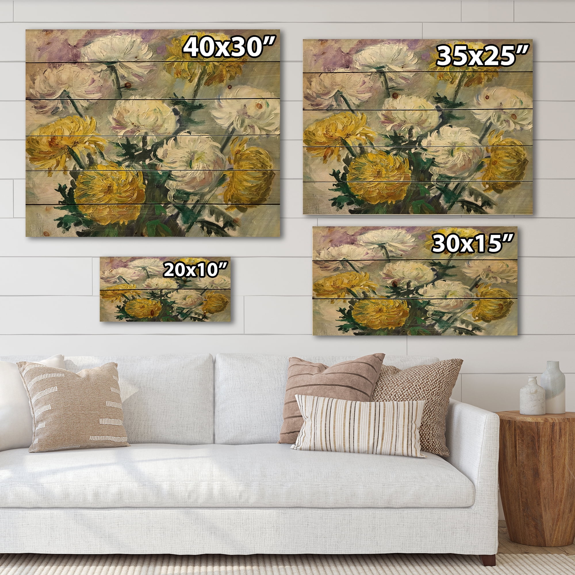 Designart 'Golden and White Daisies' Traditional Print on Natural Pine Wood