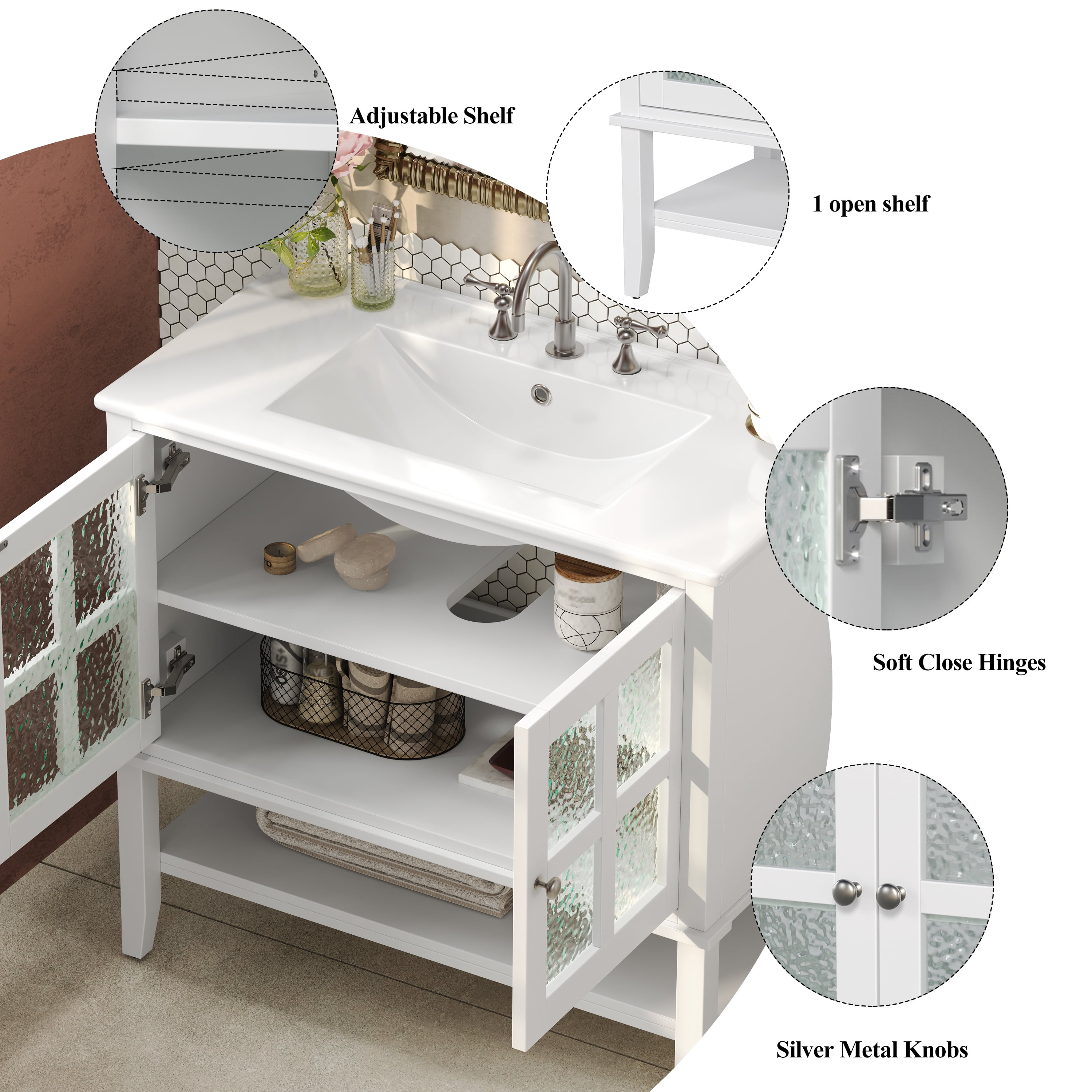 Euroco 36" Bathroom Vanity with Ceramic Sink, Textured Glass Doors, Solid Wood Legs, and Open Shelf – Modern Storage Solution