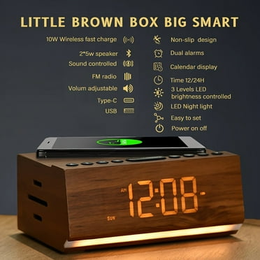FM Radio Clock, Bluetooth Speaker, Wireless Fast Charging,Dual Alarm,Sound Controlled Smart LED Dimmer Night Light,Time 12/24 , Calender Display.