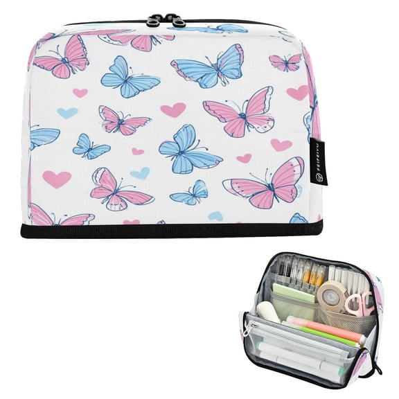 Pencil Bag with Magnetic Foldable Base Large Capacity Stand-Up Pencil Case Durable Nylon Pen Pouch Pink and Blue Butterflies