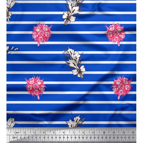 Soimoi Blue Cotton Duck Fabric Stripe & Rose Bouquet Floral Printed Fabric 1 Yard 42 Inch Wide