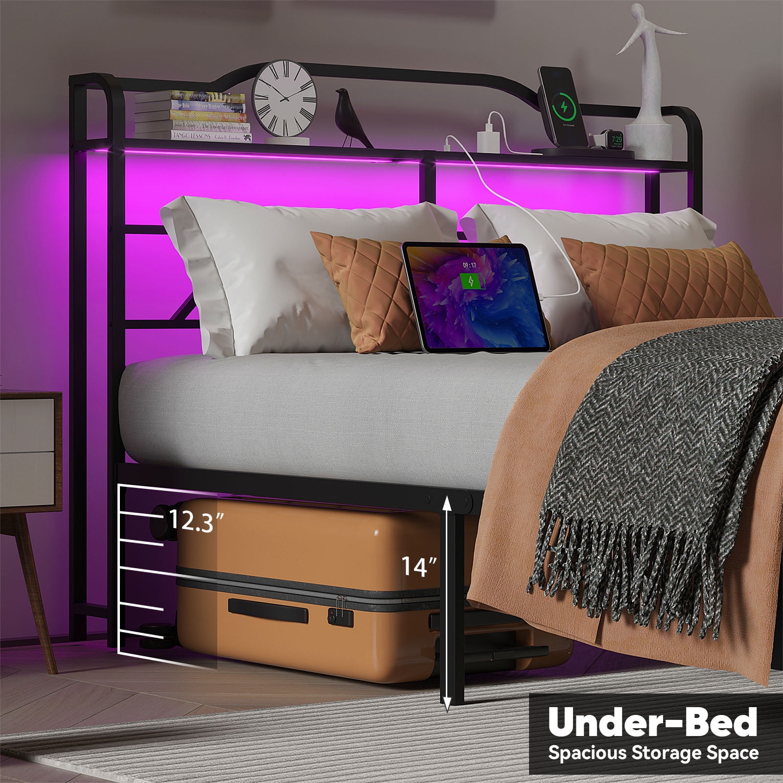 NISIEN Queen Size Bed Frame with LED Storage Headboard & Charging Station, Metal Platform Bed, Black