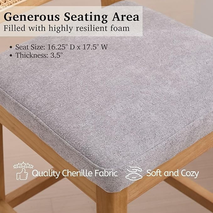 Guyou Counter Height Bar Stools Set of 2, 26" Farmhouse Wooden Rattan Bar Stools, Modern Chenille Upholstered Breakfast Barstools, Boho Wicker Woven Kitchen Island Chairs for Bar Bistro, Grey