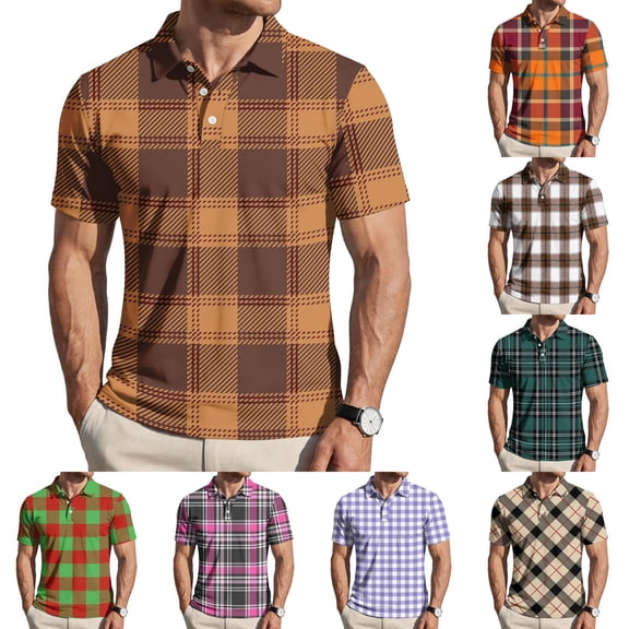 Garbnen Mens Polo Shirts Short Sleeve Plaid Color Block Collared Men's Henley Shirts Lightweight Breathable Casual Summer Beach Vacation Golf Shirt for Men Brown XXXL