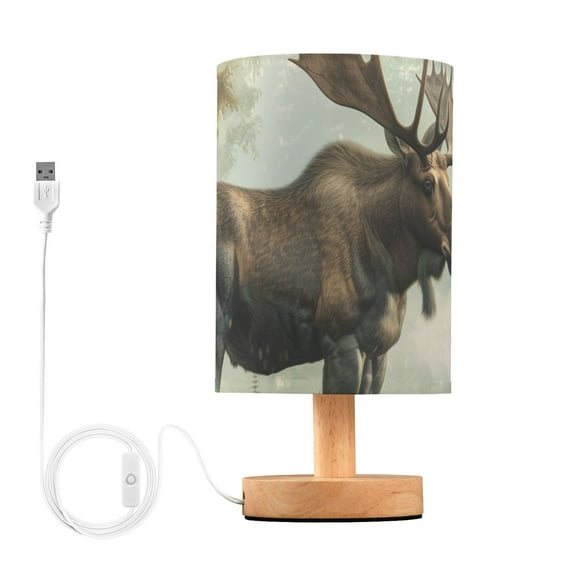Bedside Desk Lamp LED Bulb Night Light USB Power Fabric Lampshade Table Lamps Moose on Misty Lake