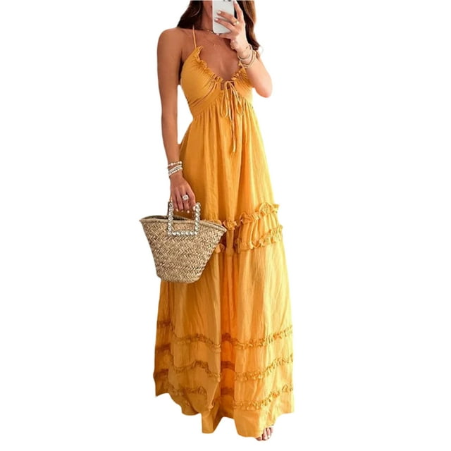 Gupgi Robe Longue Dos Nu Sans Manches Col en V à Volants Froncée Robe Fluide d'Été à Nouer Dos Nu Robes de Plage