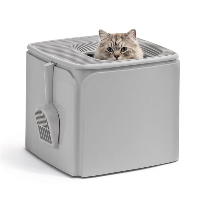 Caja de Arena para Gatos IRIS USA con Entrada Superior y Pala, Cubierta Gris