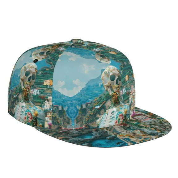 Flat Bill Trucker Hats for Women Men - Vintage Print Island Skull Adjustable Flat Baseball Cap Snapback Hats Dad Hats for Men