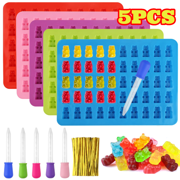 YanJici Gummy Bear Mold Set, 5pcs Silicone Gummy Molds with 5 Pipettes, 100 Twist Bars, Gummy Bear Making Kit for Sweets Chocolate Jelly