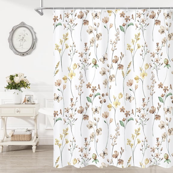 Watercolor Floral Shower Curtain, Brown Butterfly Flower Shower Curtain for Bathroom, Modern Minimalist White Waterproof Fabric Shower Curtain Set, 72x72 Inch