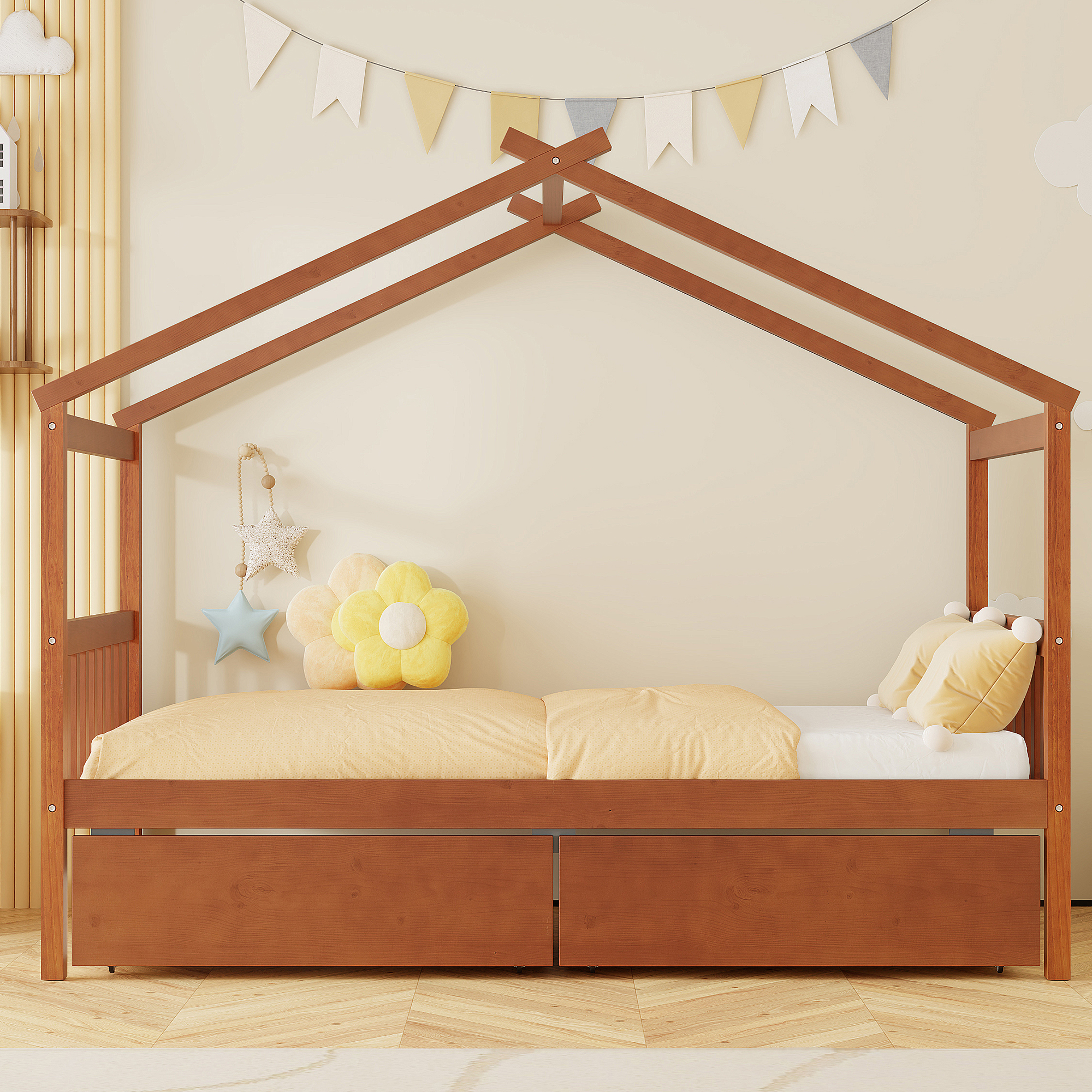 Aukfa Twin Size House Bed with Two Storage Drawers for Kids, Solid Wood Montessori Bed Frame, Walnut