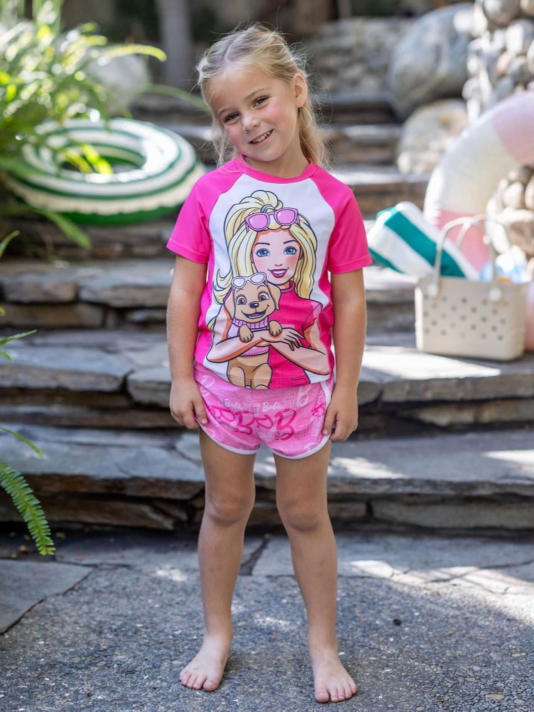 Barbie Girls Swimsuit Rash Guard Short Sleeve Raglan Graphic Top Matching Swim Shorts 2 Piece Swim Set Sizes 6-7Y