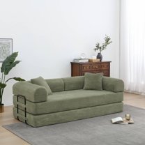 Convertible Sleeper Sofa Bed with Pillow, Corduroy Folding Mattress Floor Sofa Lounge Couch for Living Room, Bedroom, Light Green