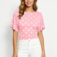 thumbnail image 2 of ClodeEU Women's Polka Dot Short Sleeve Blouse,Crew Neck Puff Sleeve Ruched Waist Crop Top Pink,Women's Plus S, 2 of 9