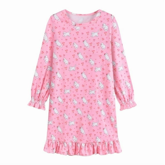 Little Hand Toddler Nightgown Girls Nightie Dress Crewneck Long Sleeve Cat CuteDresses For Toddler Clothes 5-6years