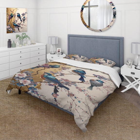 Designart "Multicolored Birds on Plum Blossom Tree II" Bird Bedding Covert Set - Shabby Chic Beige Animals Bed Set With 2 Shams