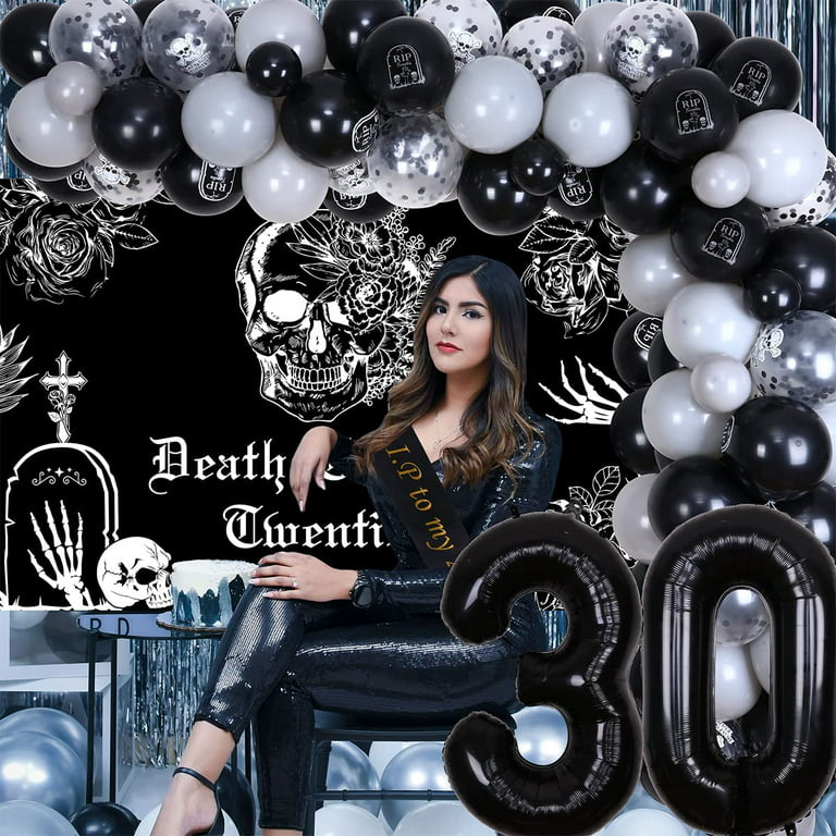 Black 30th Birthday Party Decorations for Women Men, Black Balloon Garland  Death to My Twenties Backdrop Rip to My 20s Sash Number 30 Balloon for
