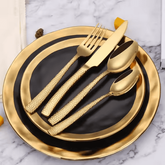 ELiTA ESSENTIALS Luxury 24 Pieces Flatware Set, Hammered Cutlery Set, Premium 304 Stainless Steel Silverware, Knives Forks Spoons, Cutlery Set, Utensils, Tableware Set, Serving 6 (Gold)