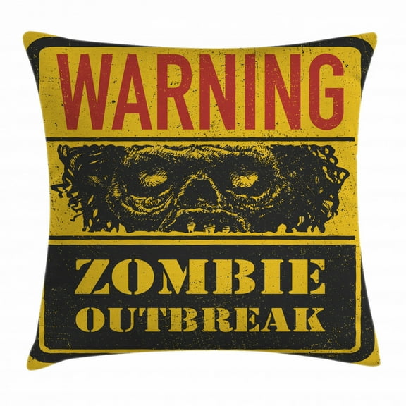 Zombie Decor Throw Pillow Cushion Cover, Warning Outbreak Horror Monster Sign in Vintage Grunge Illustration, Decorative Square Accent Pillow Case, 16 X 16 Inches, Earth Yellow Grey Red, by Ambesonne
