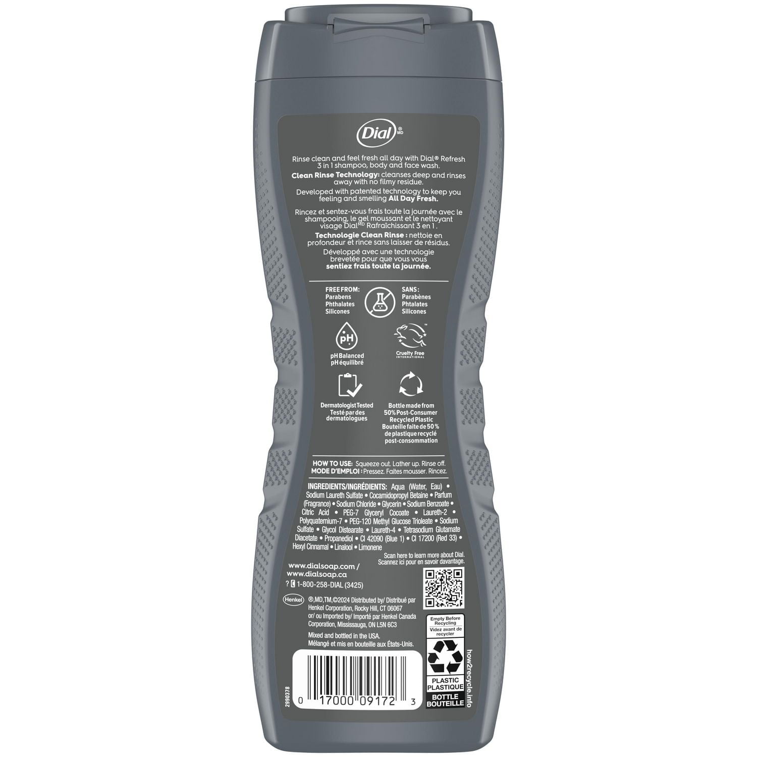 Dial Men 3in1 Body, Hair and Face Wash, Recharge, Cedar Leaf Scent, 473ml