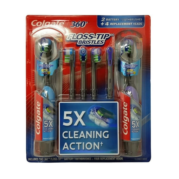 Colgate 360 FlossTip Bristles Battery Toothbrushes 2 Pack + 4 Heads