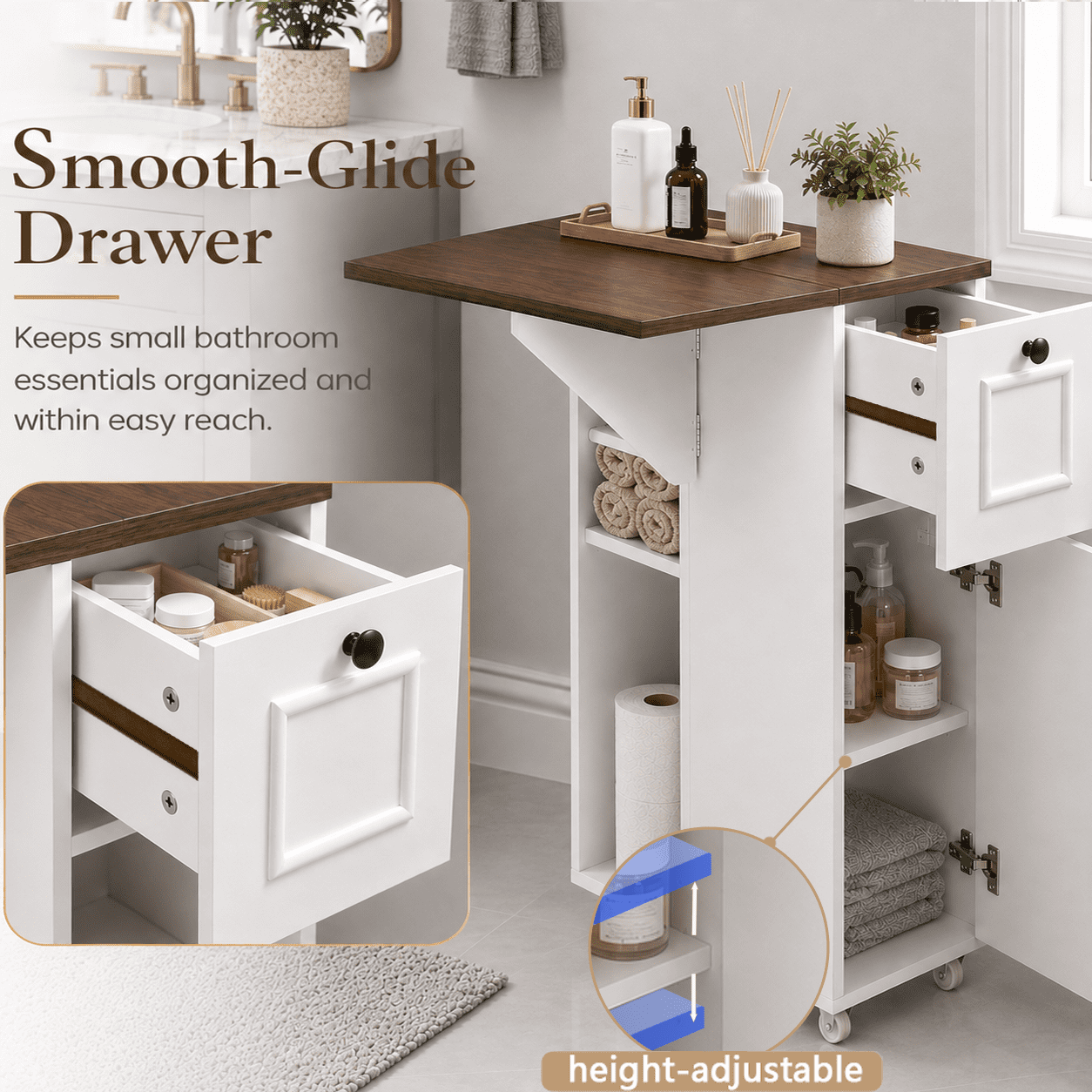 Slim Bathroom Storage Cabinet 32.28 Inch, Flip-Top Rolling Organizer with Wheels for Small Spaces, Narrow Side Cabinet for Bathroom and Laundry, White