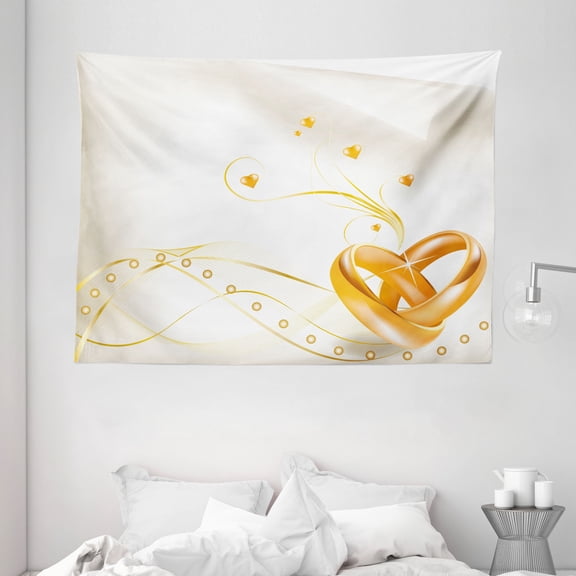 Wedding Decorations Tapestry, Wedding Rings Entangled in Shape of Heart 3D Style Romantic Design, Wall Hanging for Bedroom Living Room Dorm Decor, 80W X 60L Inches, Marigold White, by Ambesonne