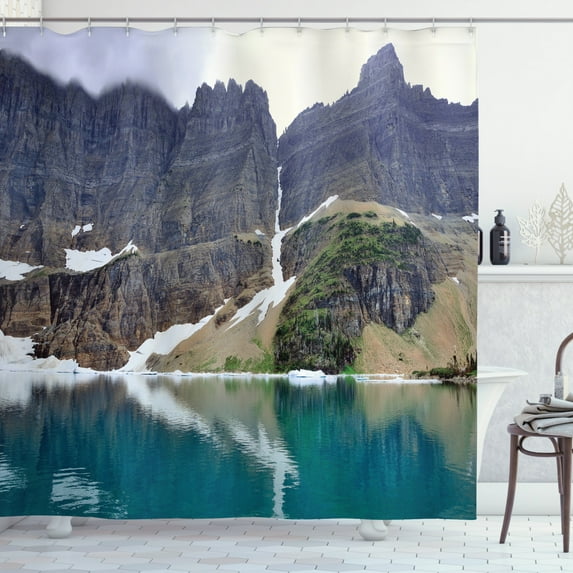 Ice Berg Shower Curtain, Pretty Image of a Lake in Glacier National Park Mountainous Landscape, Fabric Bathroom Set with Hooks, 69W X 84L Inches Extra Long, Dark Tan and Multicolor, by Ambesonne
