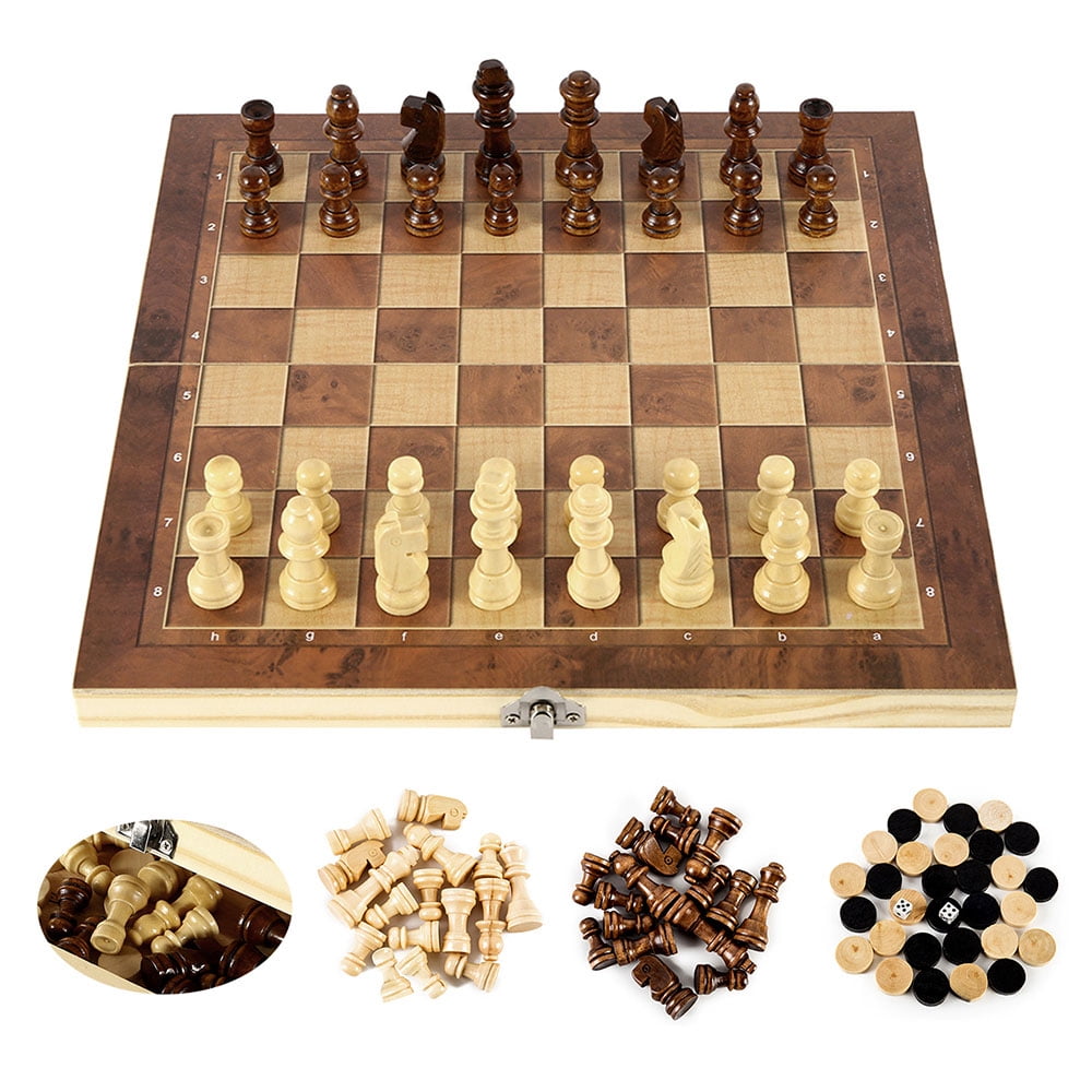 3 in 1 Folding Wooden Chess Set Board Game Checkers Backgammon Draughts UK 