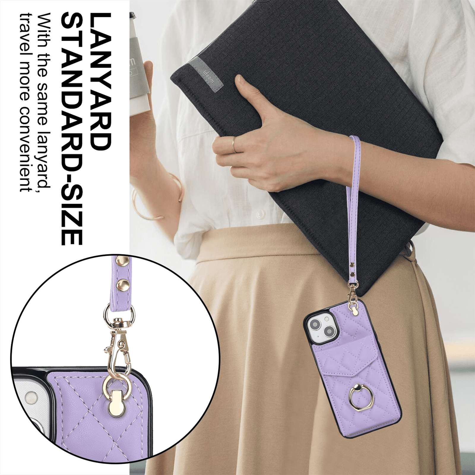 Asuwish Wallet RFID Blocking PU Leather Cell Phone Case with Tempered Glass Screen Protector, Wrist Strap for iPhone 15 Plus, Purple