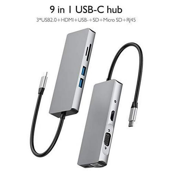 THYMOBO 9 in 1 USB C to USB Hub, USB Type C Adapter w. 2 USB 3.0 Ports, SD Micro SD, RJ45, Audio, VGA, USB C to HDMI & USB C Charging Port, Compatible MacBook Pro Nintendo Switch Type C Laptop - Grey