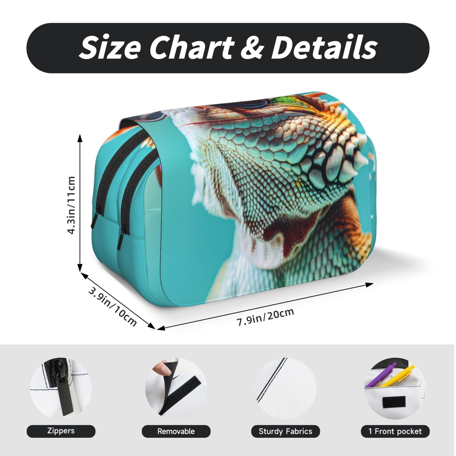 Rateoe Stylish Sunglasses Iguana Pattern Double Clamshell Pen Case, Storage Organizer with Two Zipper Compartments– Holds Up to 50 Pencils & Pens