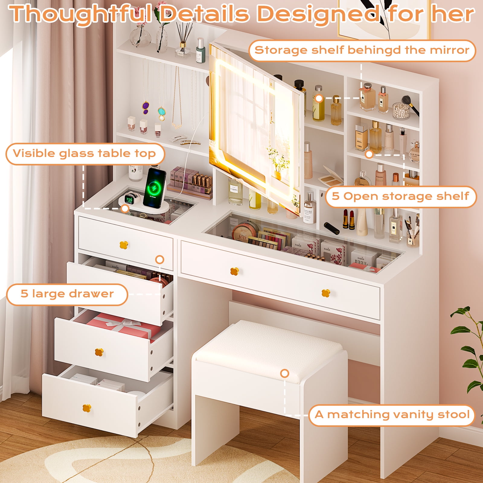 Ktaxon Large 47.2" Makeup Vanity with 3 Color Lights, Vanity Desk with USB Charging Station, Vanity Makeup Table with Visible Drawers, Hidden and Open Storage Shelves, White