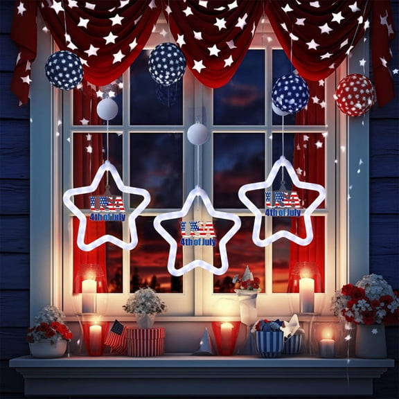 Flashing LED Star String Lights With Multiple Modes,Red White Blue Patriotic Decoration For Window Wall Porch Independence Day Memorial Day Veterans Day Outdoor Indoor Party Lighting