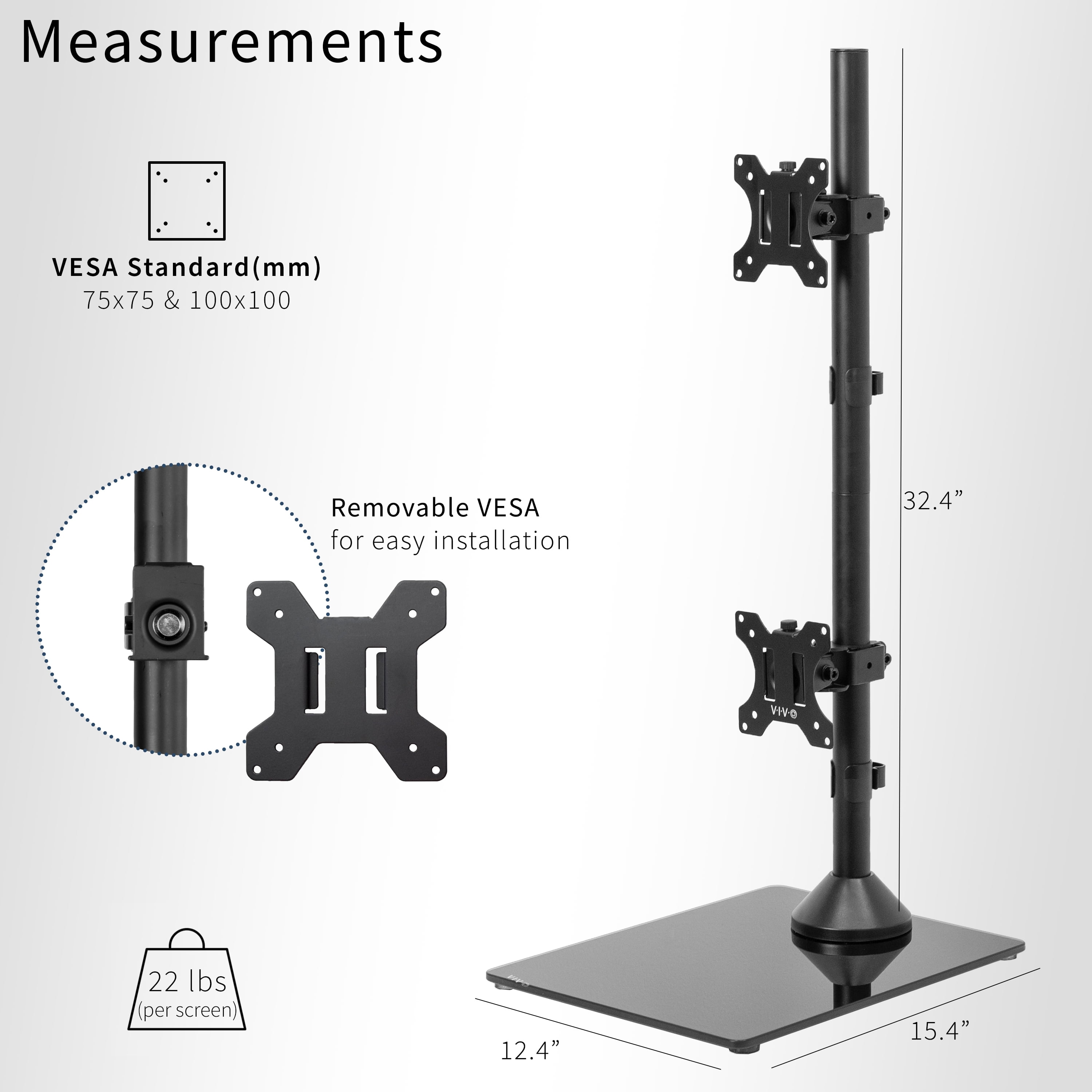 VIVO Dual Monitor Vertical Stand, Glass Base, Fits 2 Ultrawide Screens up to 34"