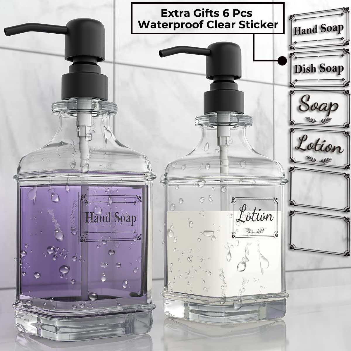 2 Pack Soap Dispenser, 18 Oz Antique Design Thick Glass Hand Dispensers; with 304 Rust Proof Stainless Steel Pump, 6Pcs Clear Stickers, for Kitchen, Bathroom- Black