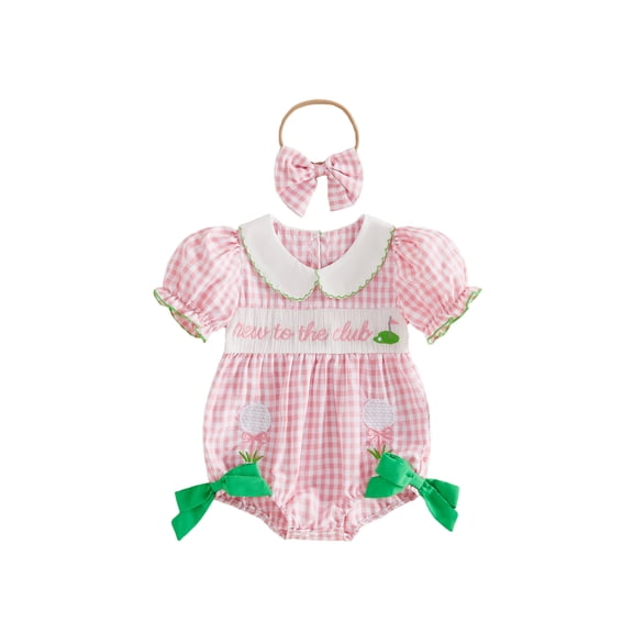 BemeyourBBs Baby Girls Golf Outfits Newborn Baby Girl Hospital Outfit Plaid Bubble Romper New to The Club Letter Golf Embroidery Puff Short Sleeve Doll Collar Bodysuit and Headband Set