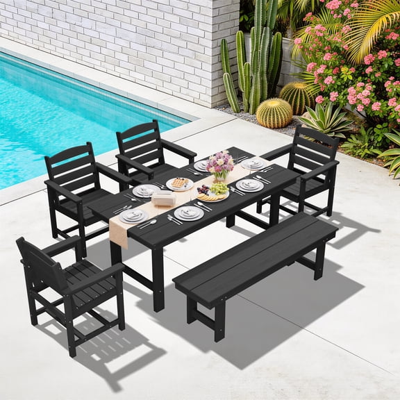 LOYALICE 6 Pieces Patio Furniture Set, HDPE Outdoor Dining Table Set with 1 Bench, 4 Chairs, Durable and Weather-Resistant for Patio, Garden and Balcony Use, Black