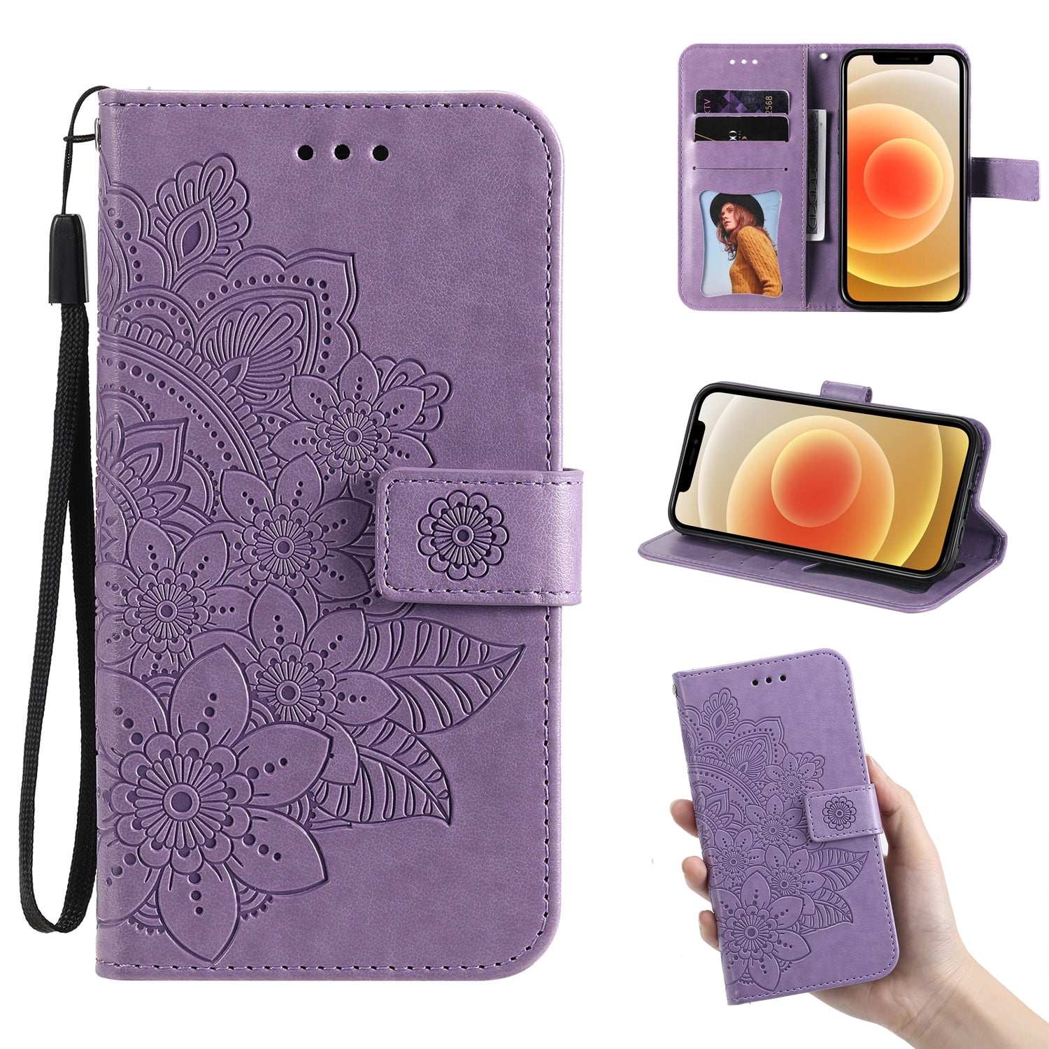 Embossed Magnetic Flip Wallet PU Stand Strap Case Cover For iPhone Android Phone 