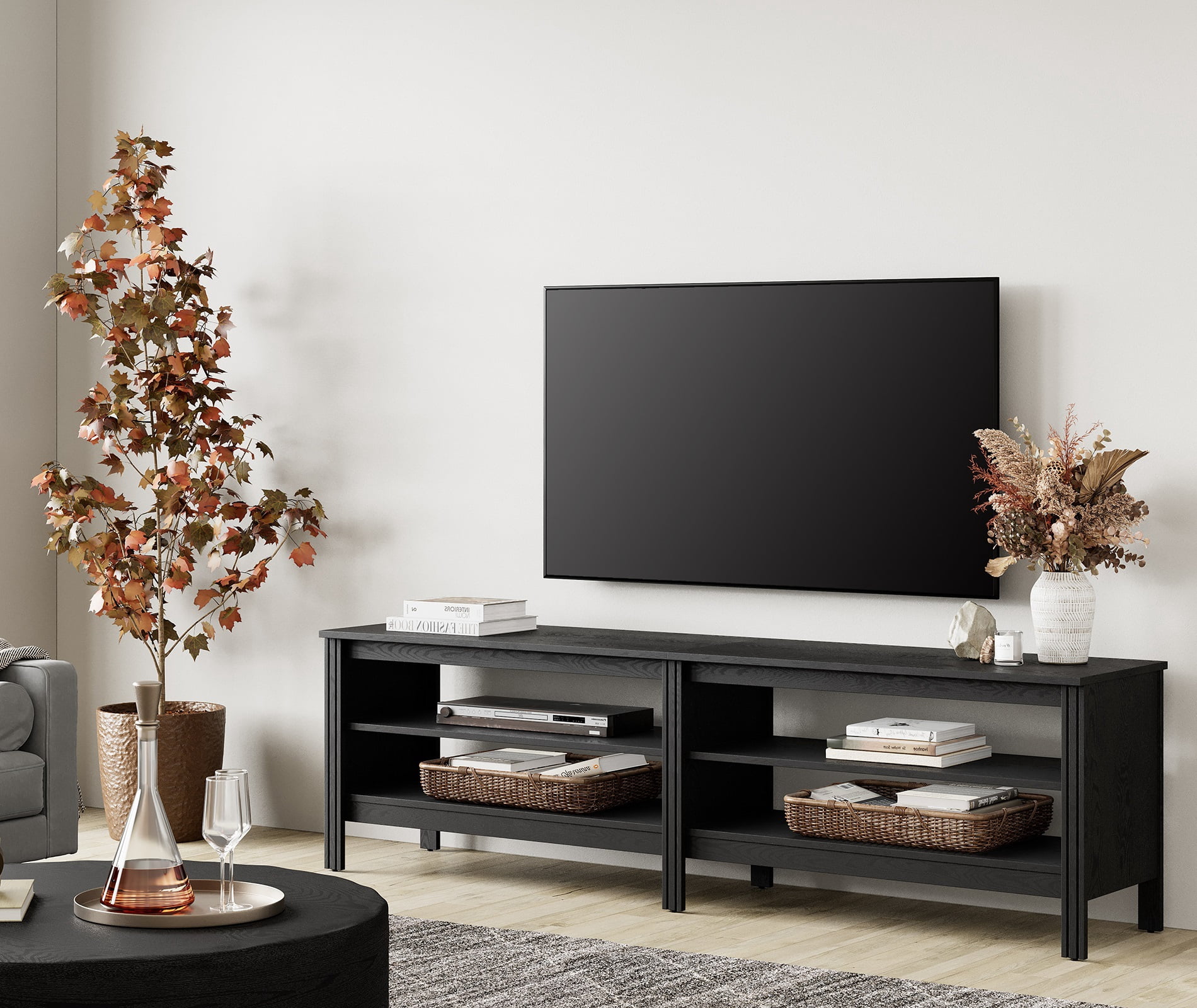 Farmhouse TV Stand for 75 Inch TV Entertainment Center Wood Media Table with 4 Open Shelves for Living Room, Black 70 inch