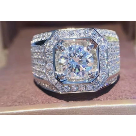 Men's Halo Pinky Ring 2.00Ct Round Cut VVS1/D Lab Created Diamond Engagement Ring 14k White Gold Plated Silver