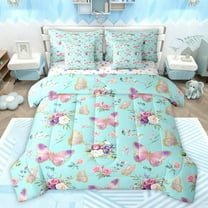 jejeloiu Chic Purple Butterfly 7-Piece Twin Bedding Sets,Retro Rustic Flowers Bedding Comforter Set,Cyan Pink Sheet Sets For Girls Kids,Ultra Soft Home Decor Reversible