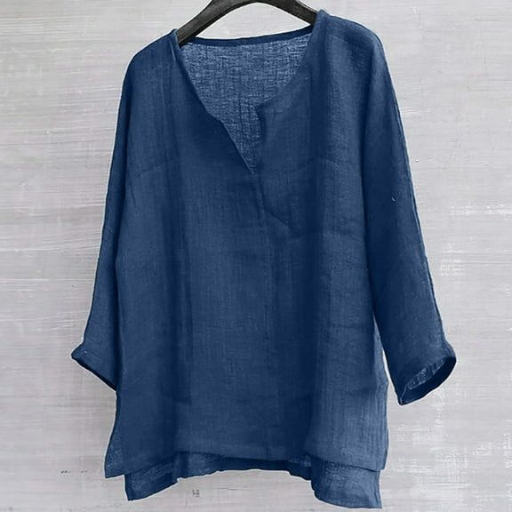COSFO Blue Shirts for Men Long Sleeve Casual V-Neck Pullover Linen Solid Mens T-Shirts