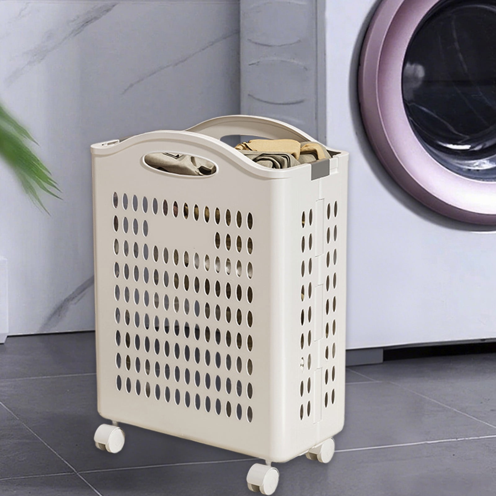 Upgraded Rolling Laundry Hamper with Wheels, Slim Design, White Plastic Storage Basket with Handles,20"X11"X14" B