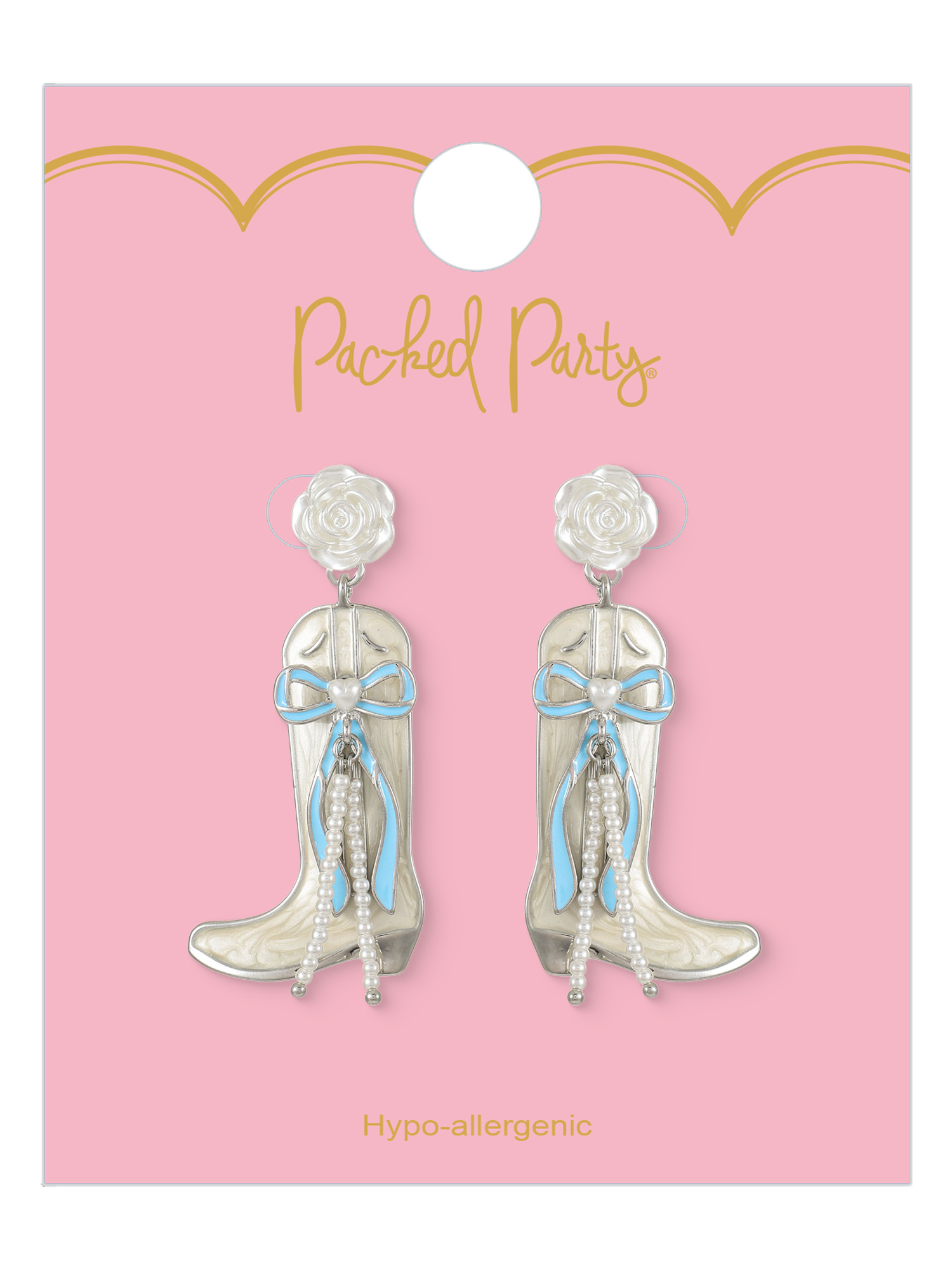 Packed Party Blue and White Pearl Western Boot Earrings, 1 Pair