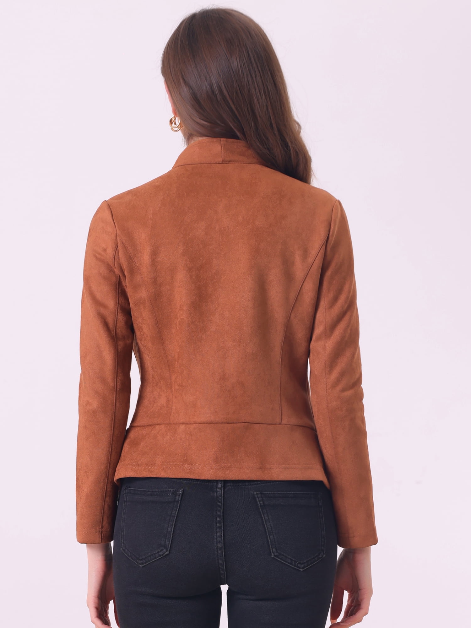 DARING DIVA Faux Suede Jacket Open Front Lapel Draped Cardigan Blazers M Caramel