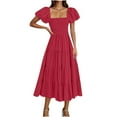 thumbnail image 2 of 2025 Summer Casual Midi Dress for Women Short Puff Sleeve Solid Color High Waist Smocked Tiered Ruffle Flowy Dresses, 2 of 7